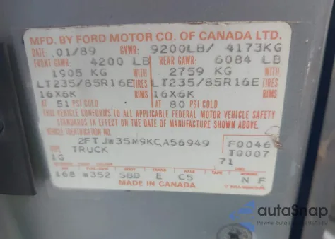 1989 Ford F350 из США, поврежденный, VIN 2FTJW35M9KCA56949